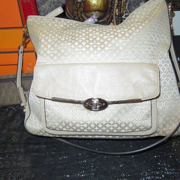 COACH Madison Op Art Fabric & Snakeskin Leather Turn Lock Flap Hobo Crossbody - Picture 3 of 16